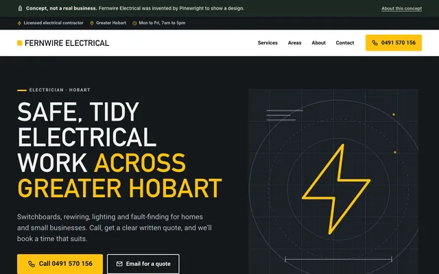 Screenshot of the top of the Fernwire Electrical concept homepage