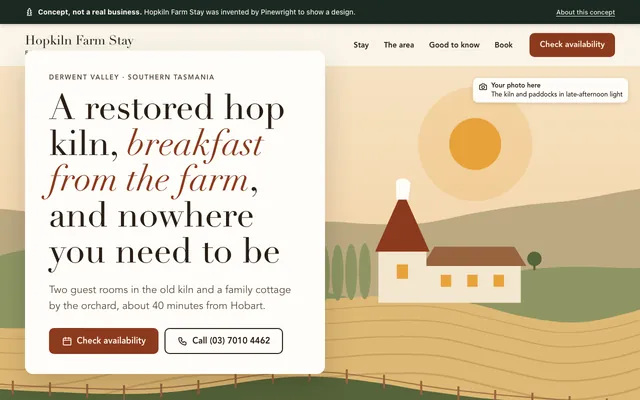 Screenshot of the top of the Hopkiln Farm Stay concept homepage