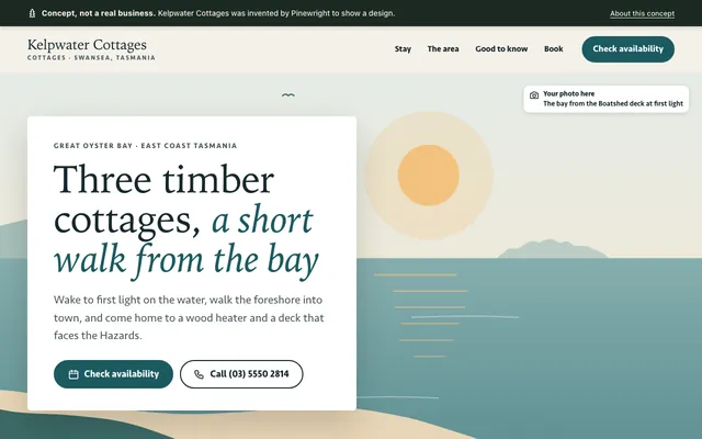 Screenshot of the top of the Kelpwater Cottages concept homepage